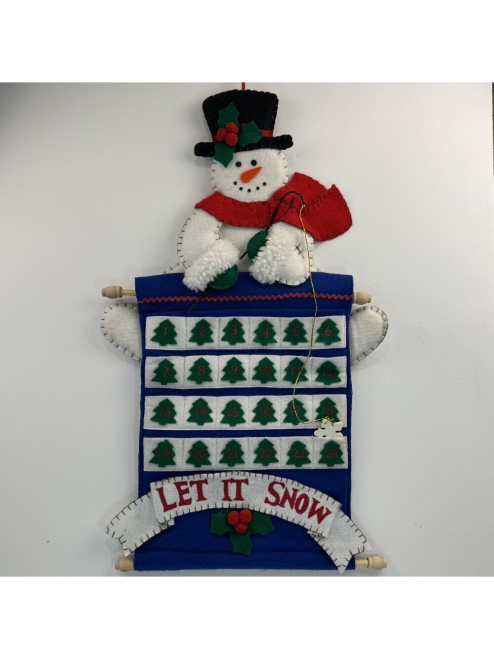 Vtg Snowman Advent Calendar 30" Let It Snow Wall Hanging Christmas Felt Plush